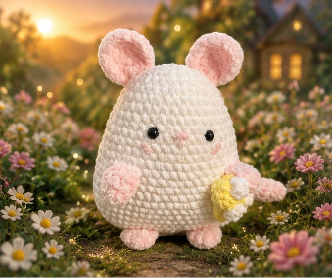 Crochet white mouse with cheese