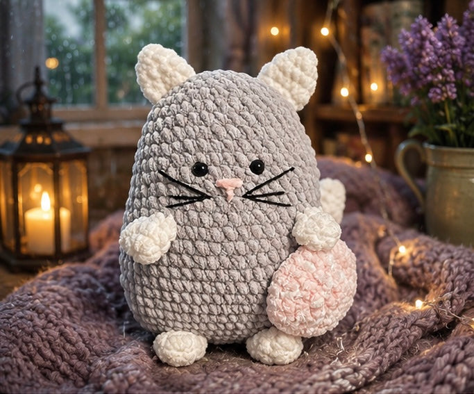 Grey Cat with Sausage
